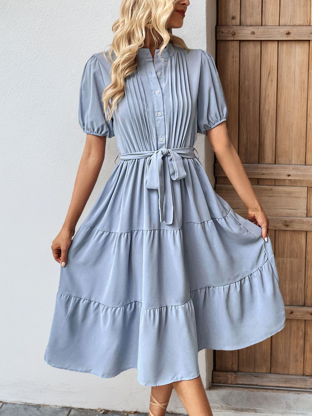 Puff Sleeve A-Line Midi Dress