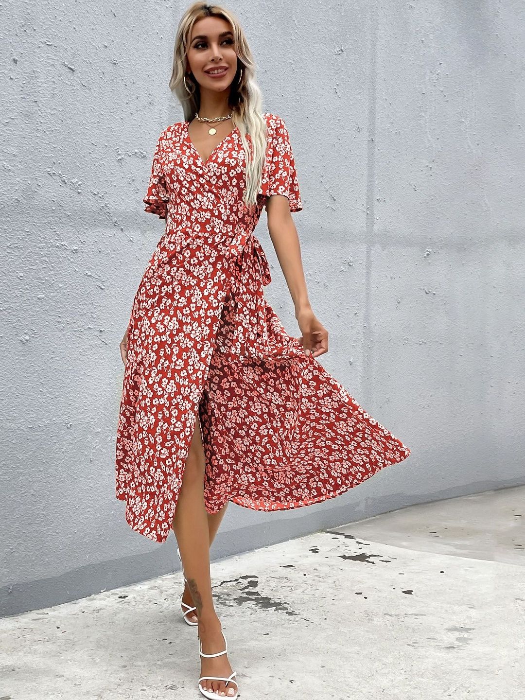 Floral Print Flared Sleeve Midi Dress