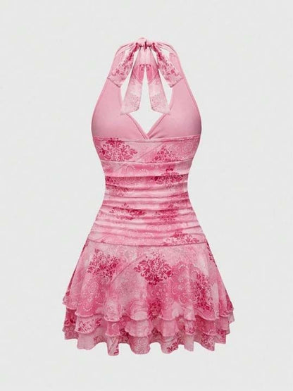 Floral Print Halter Neck Fit & Flare Mini Dress