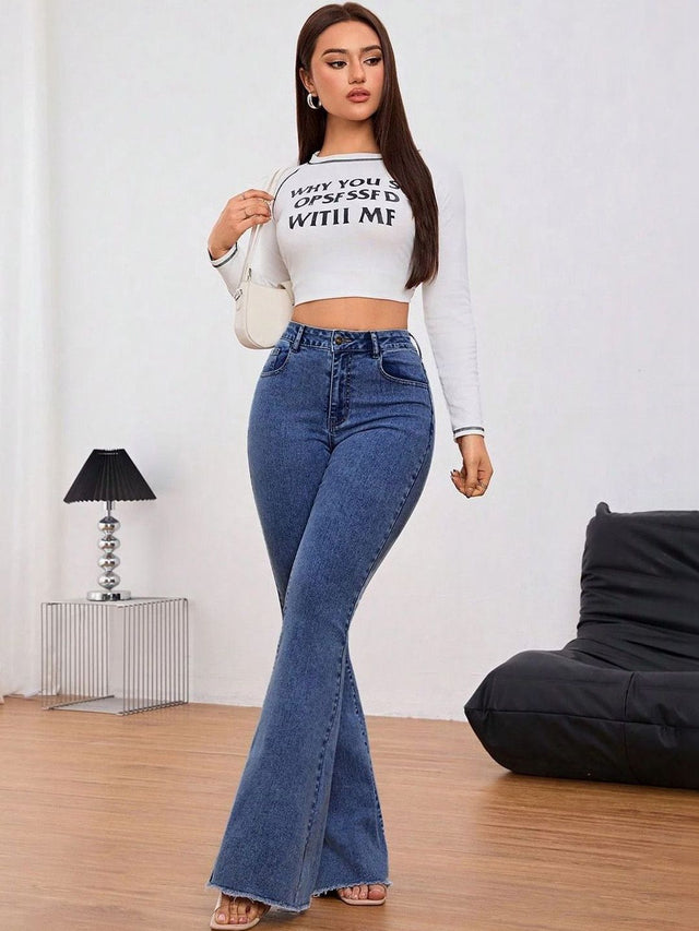 Bootcut High-Rise Light Fade Stretchable Jeans in Blue cotton - Nowi Korean Fashion