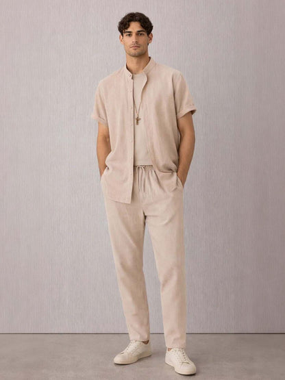 Casual Co-Ord Set with Shirt & Pants in Beige - Nowi Korean Fashion
