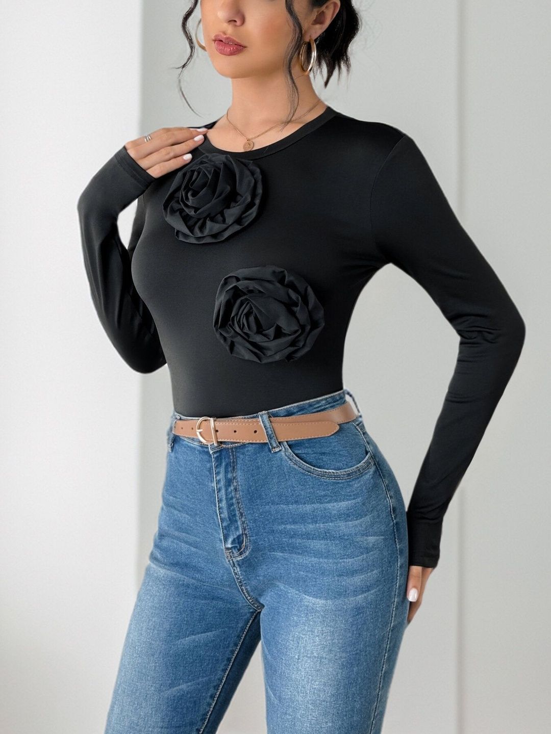 Embellished Round Neck Bodysuit in Black cotton Long Sleeve - Nowi Korean Fashion