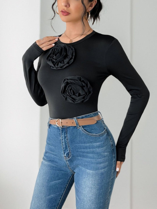 Embellished Round Neck Bodysuit in Black cotton Long Sleeve - Nowi Korean Fashion