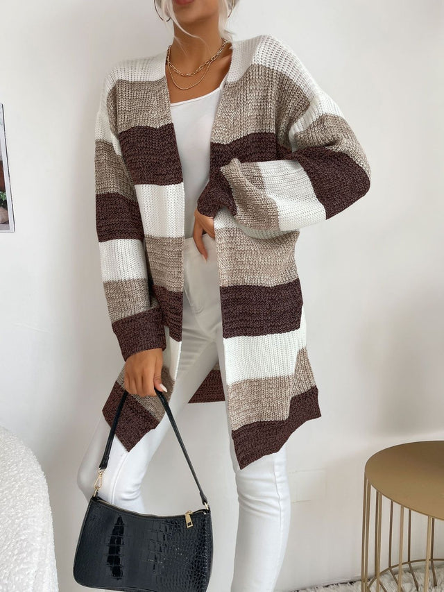 Striped Woollen Cardigan in Brown - Nowi Korean Fashion