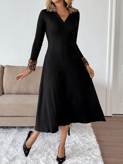 Women's Black Animal Fit & Flare Midi Dress