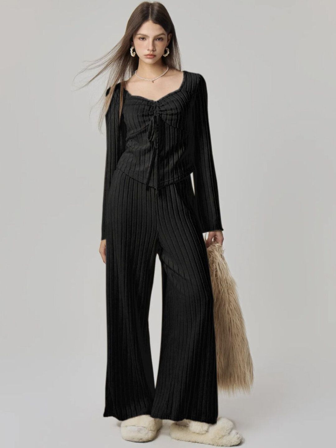 Black Striped Co-ords with Scoop Neck - Nowi Korean Fashion