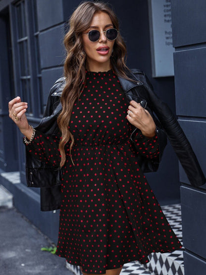 Polka Dot Print Fit & Flare Dress in Black cotton Printed - Nowi Korean Fashion