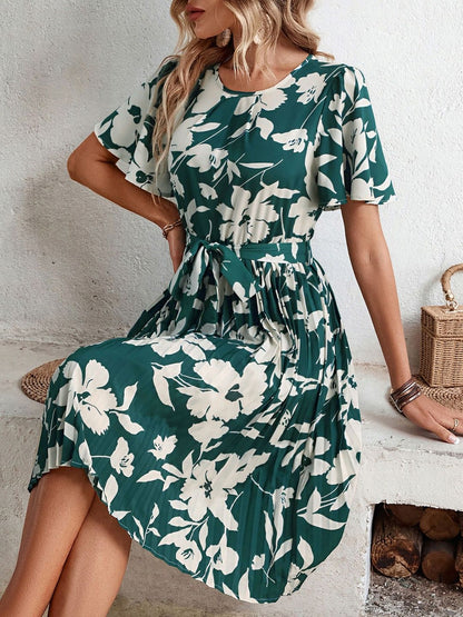Floral Print Flared Sleeve Fit & Flare Dress - Nowi Korean Fashion