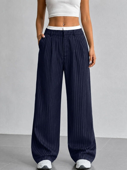Women Striped Relaxed High-Rise Pleated Trousers