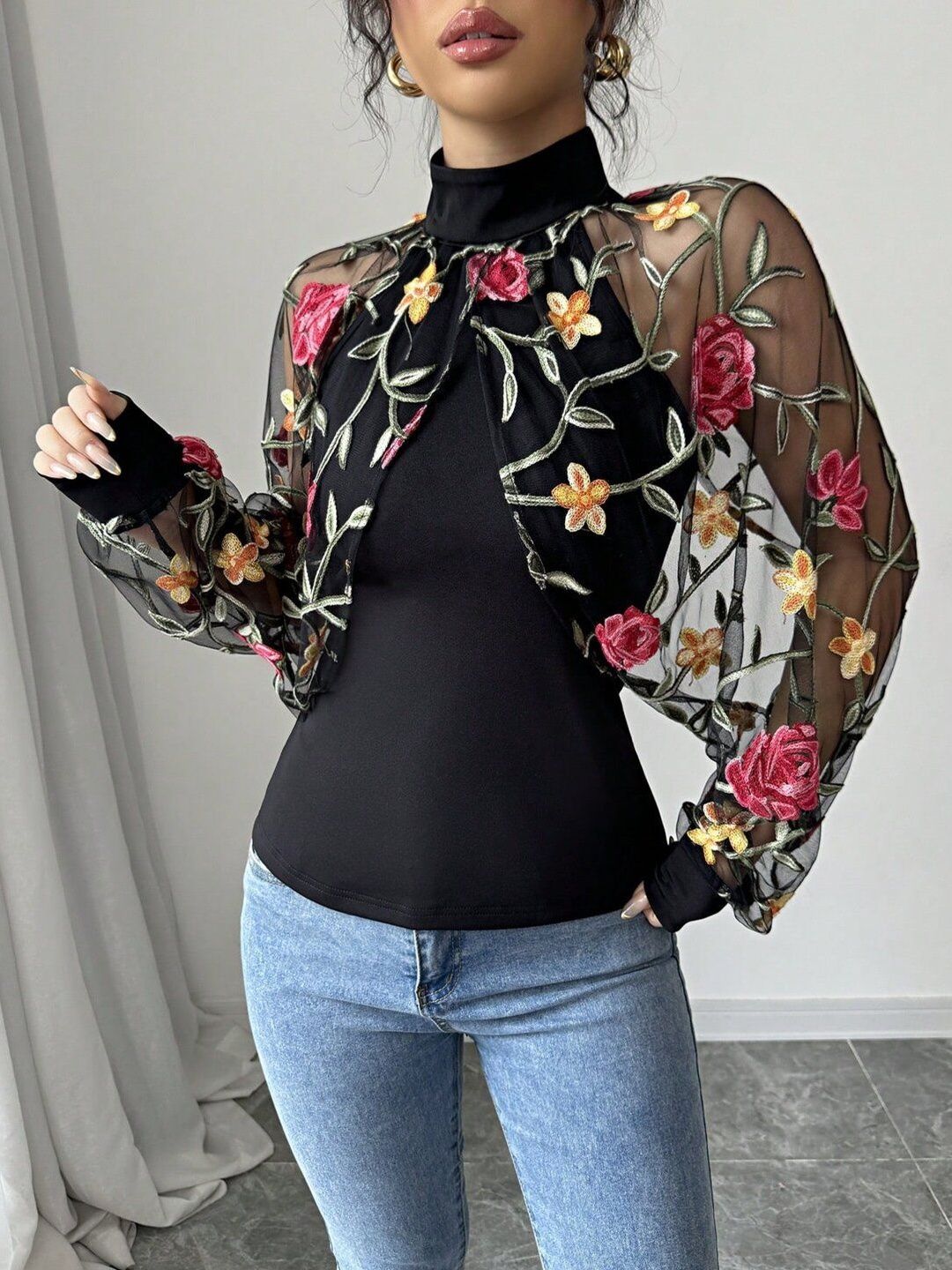 Floral Embroidered Bishop Sleeves Top