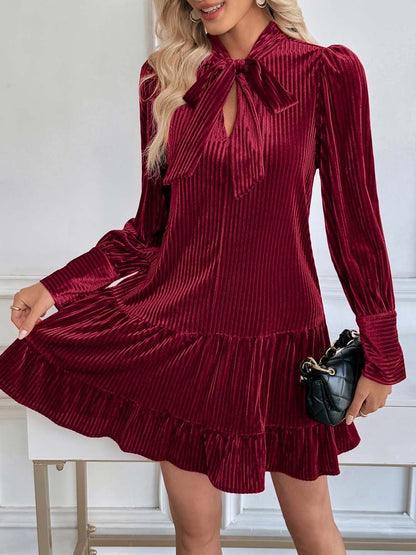 Tie-Up Neck Puff Sleeve Ruffled A-Line Dress