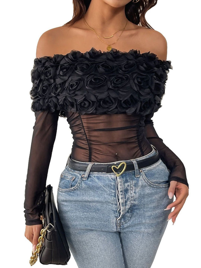 Embellished One Shoulder Bodysuit in Black polyester Long Sleeve - Nowi Korean Fashion