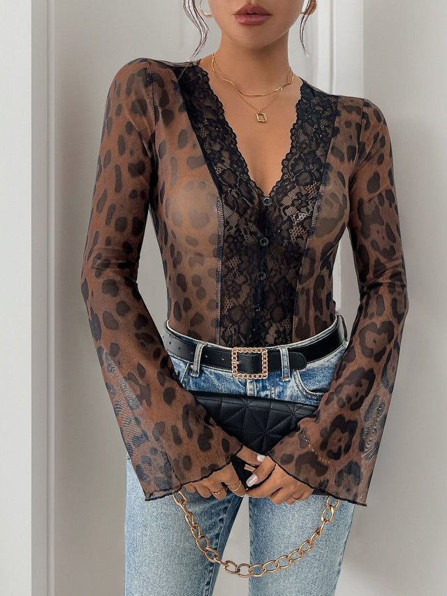 Printed V-Neck Bodysuit in Brown nylon - Nowi Korean Fashion