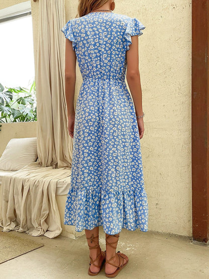 Floral Print Flutter Sleeve Ruffled Fit & Flare Midi Dress