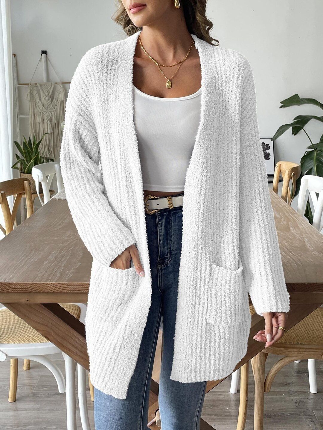 Women Ribbed Cardigan with Fuzzy Detail