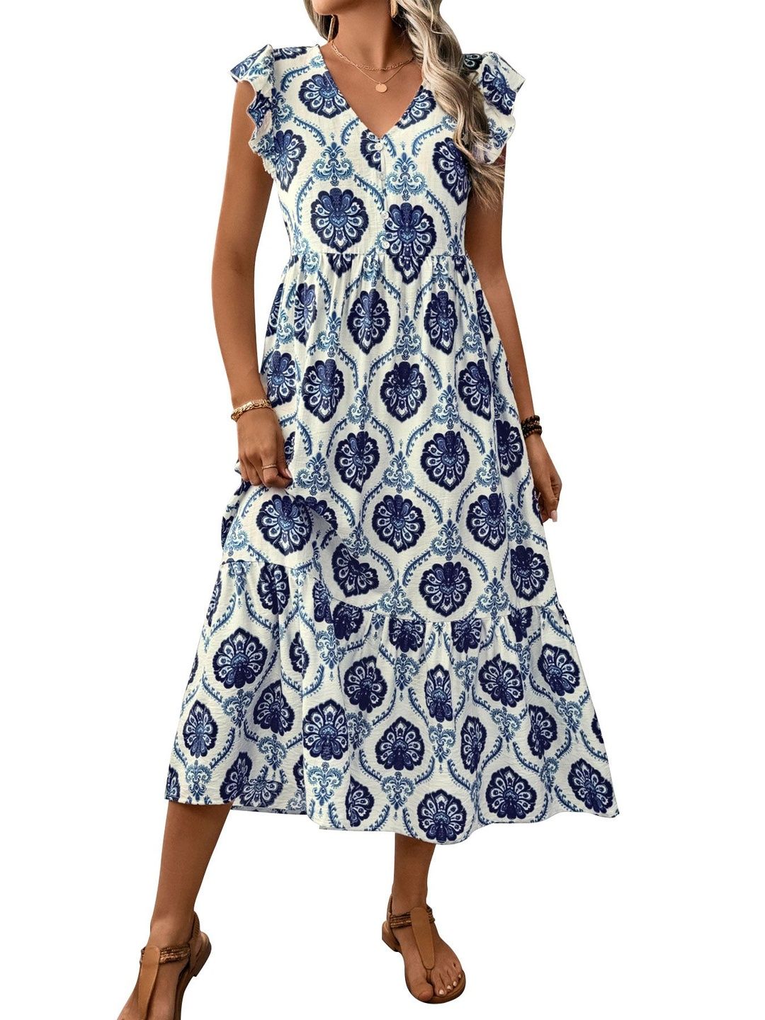 Bohemian Ethnic Motif Midi Dress with Flutter Sleeves
