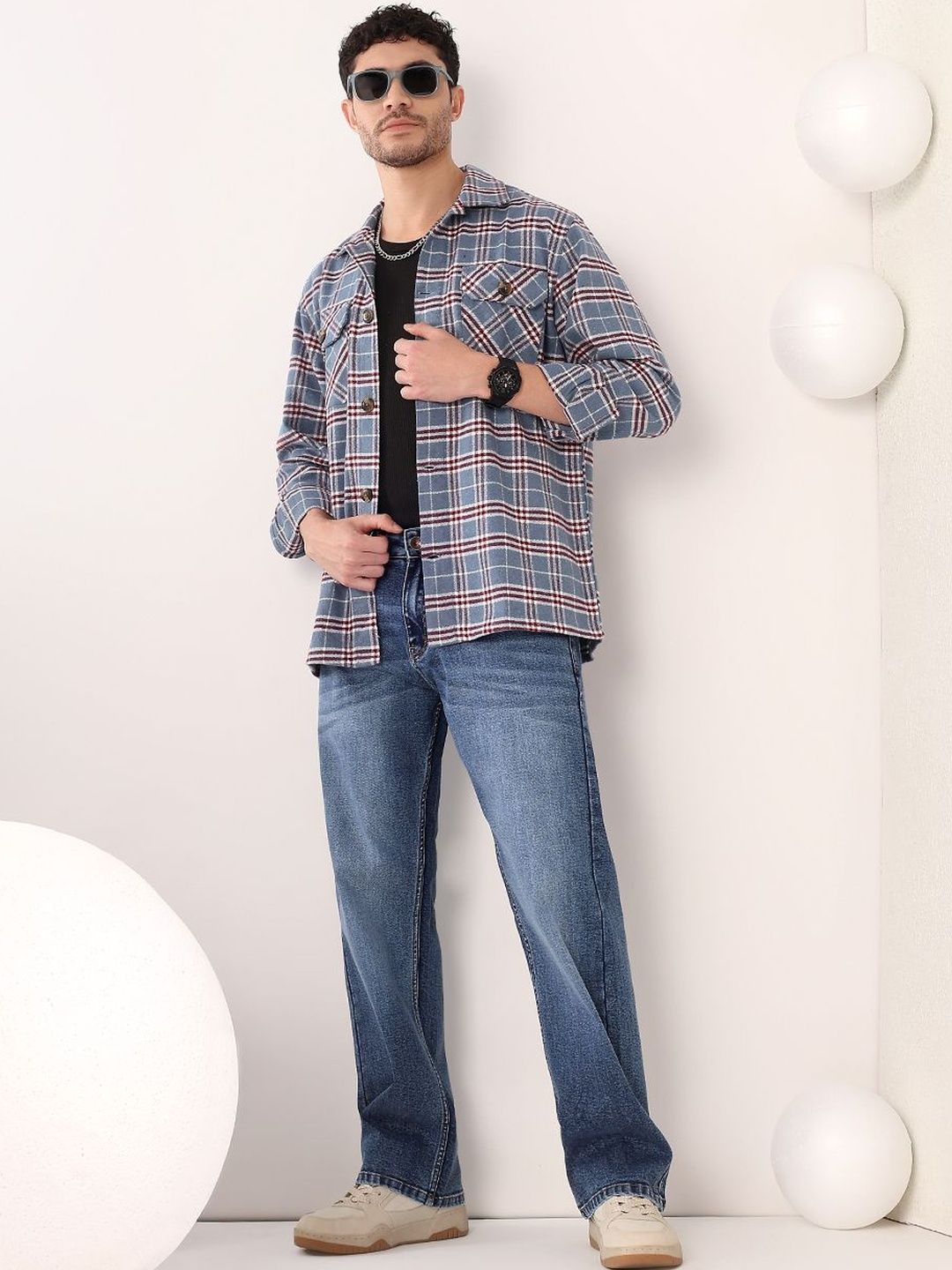 Checked Spread Collar Shackets in Blue Cotton - Nowi Korean Fashion