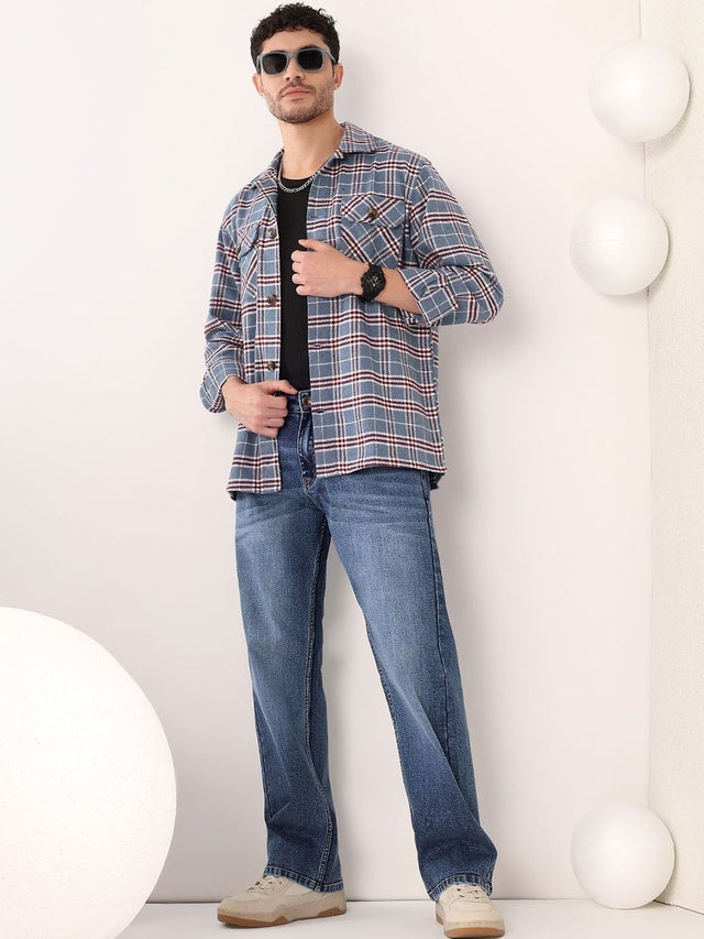 Checked Spread Collar Shackets in Blue Cotton - Nowi Korean Fashion