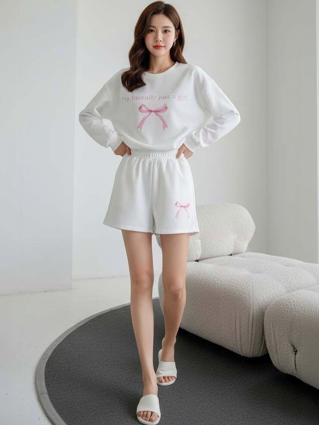 Solid Top with Shorts in White - Nowi Korean Fashion