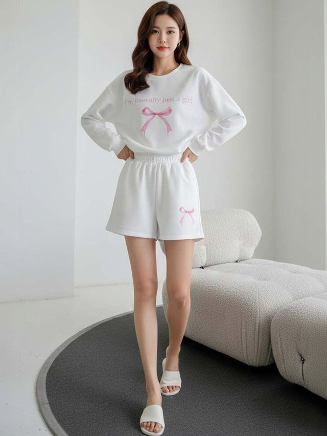 Solid Top with Shorts in White - Nowi Korean Fashion