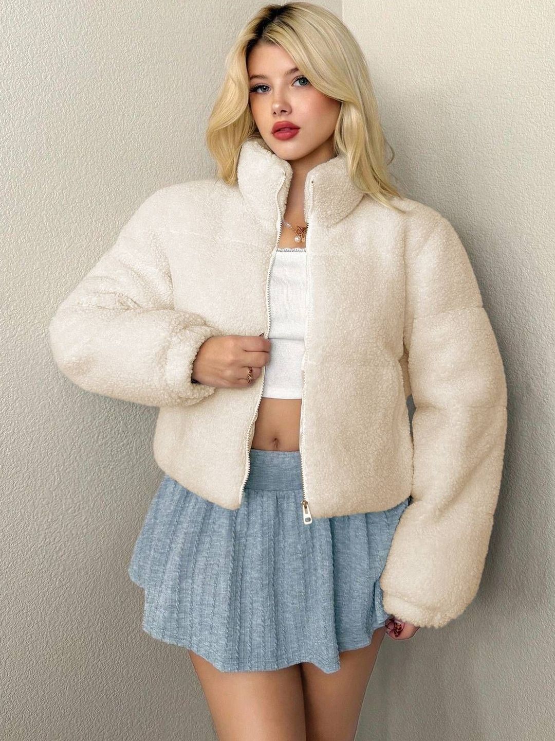 Woollen Lightweight Puffer Jacket in Beige polyester; faux-fur - Nowi Korean Fashion