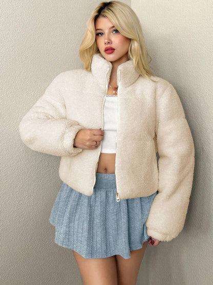 Woollen Lightweight Puffer Jacket in Beige polyester; faux-fur - Nowi Korean Fashion