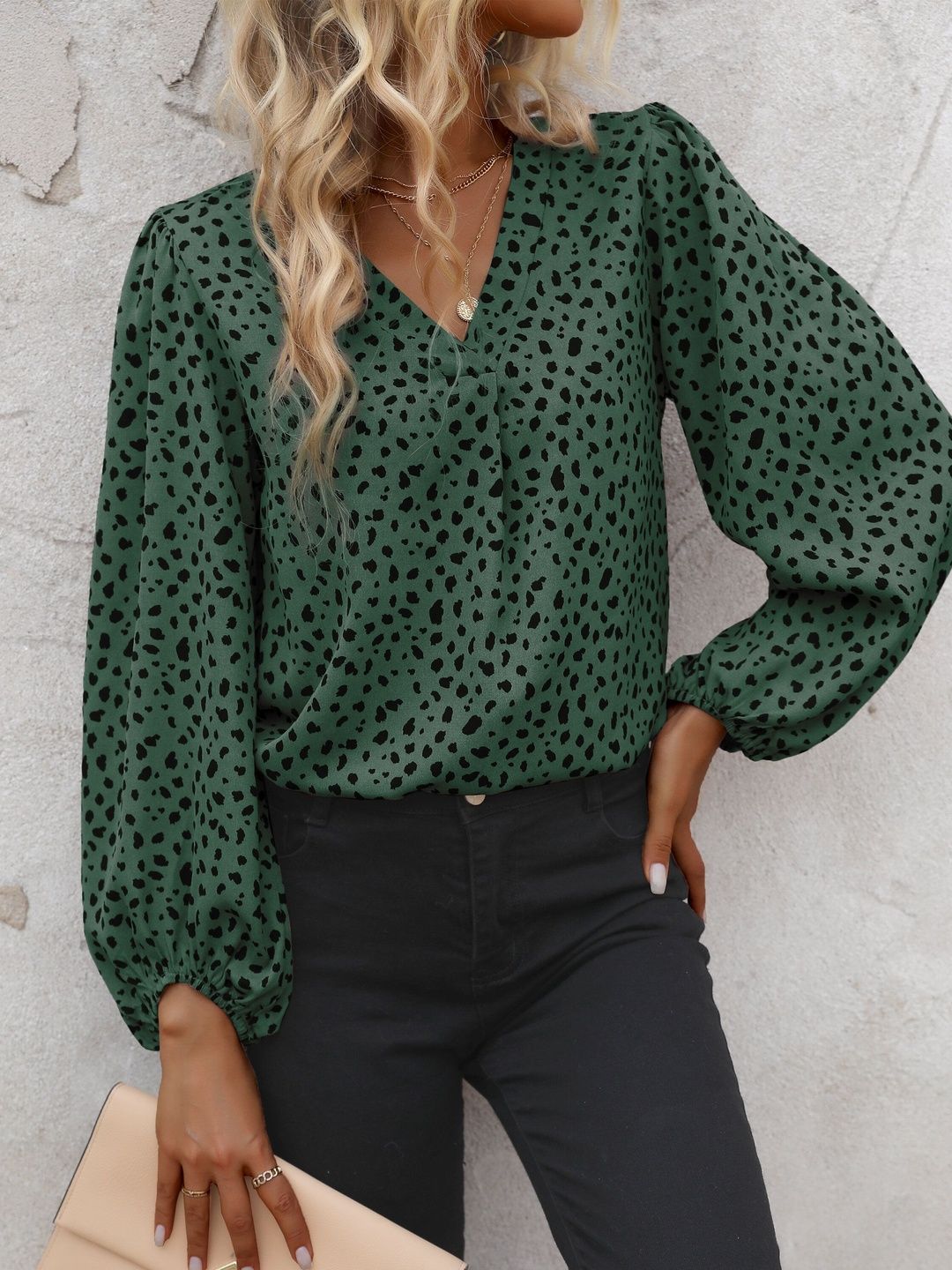Women's Green Animal Print Puff Sleeve Top