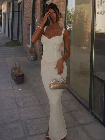 NOWI Embroidered Sheath Maxi Dress - Nowi Korean Fashion