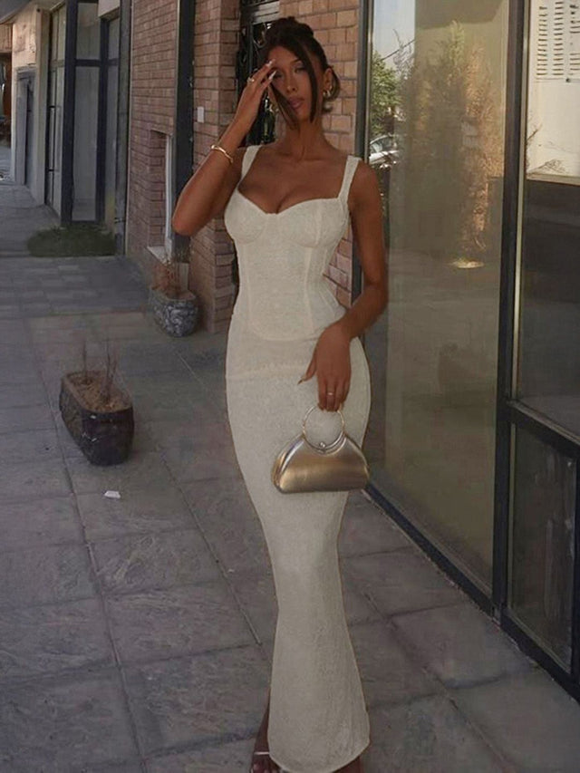 NOWI Embroidered Sheath Maxi Dress - Nowi Korean Fashion