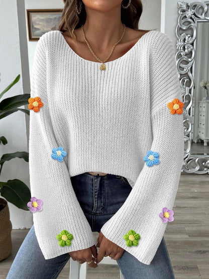 Ribbed Pullover with Embellished Detail in White acrylic - Nowi Korean Fashion