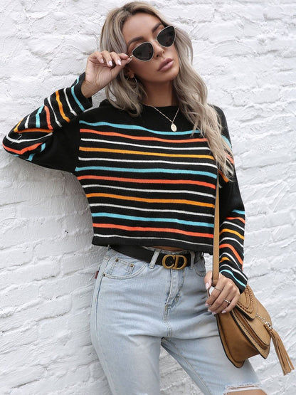 Women's Black Rainbow Striped Crop Pullover