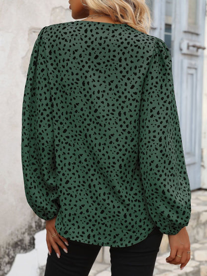 Women's Green Animal Print Puff Sleeve Top