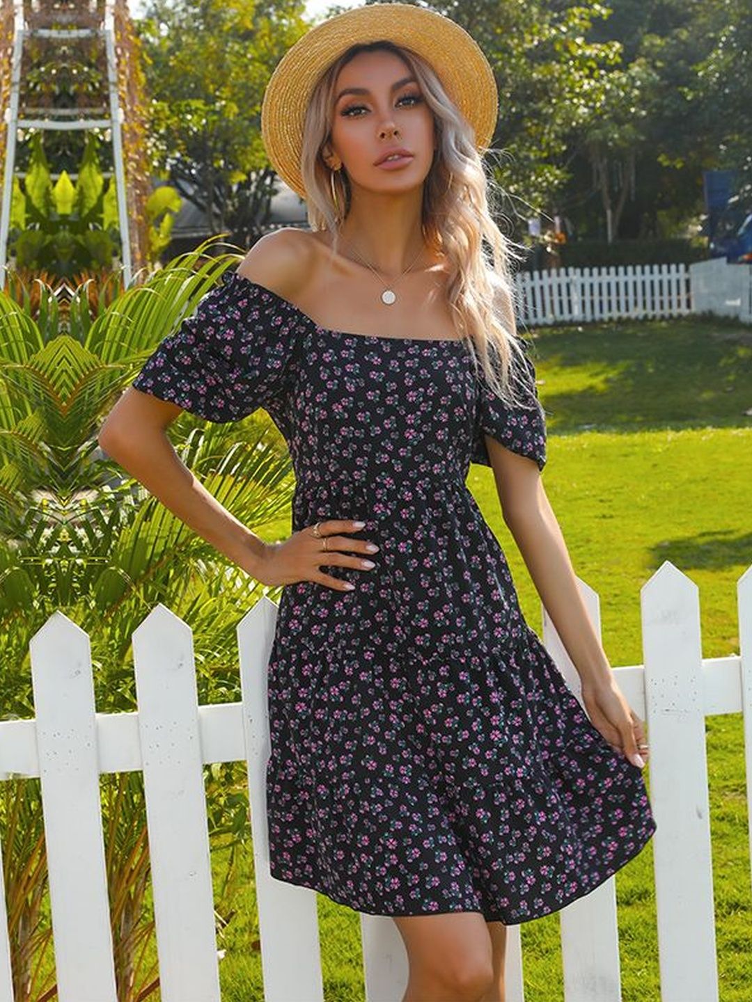 Floral Print Puff Sleeve Fit & Flare Dress in Black cotton - Nowi Korean Fashion