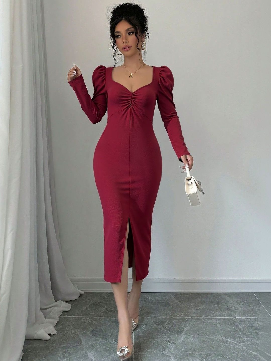 NOWI Puff Sleeve Sheath Midi Dress