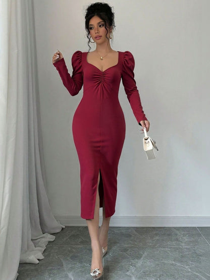 NOWI Puff Sleeve Sheath Midi Dress