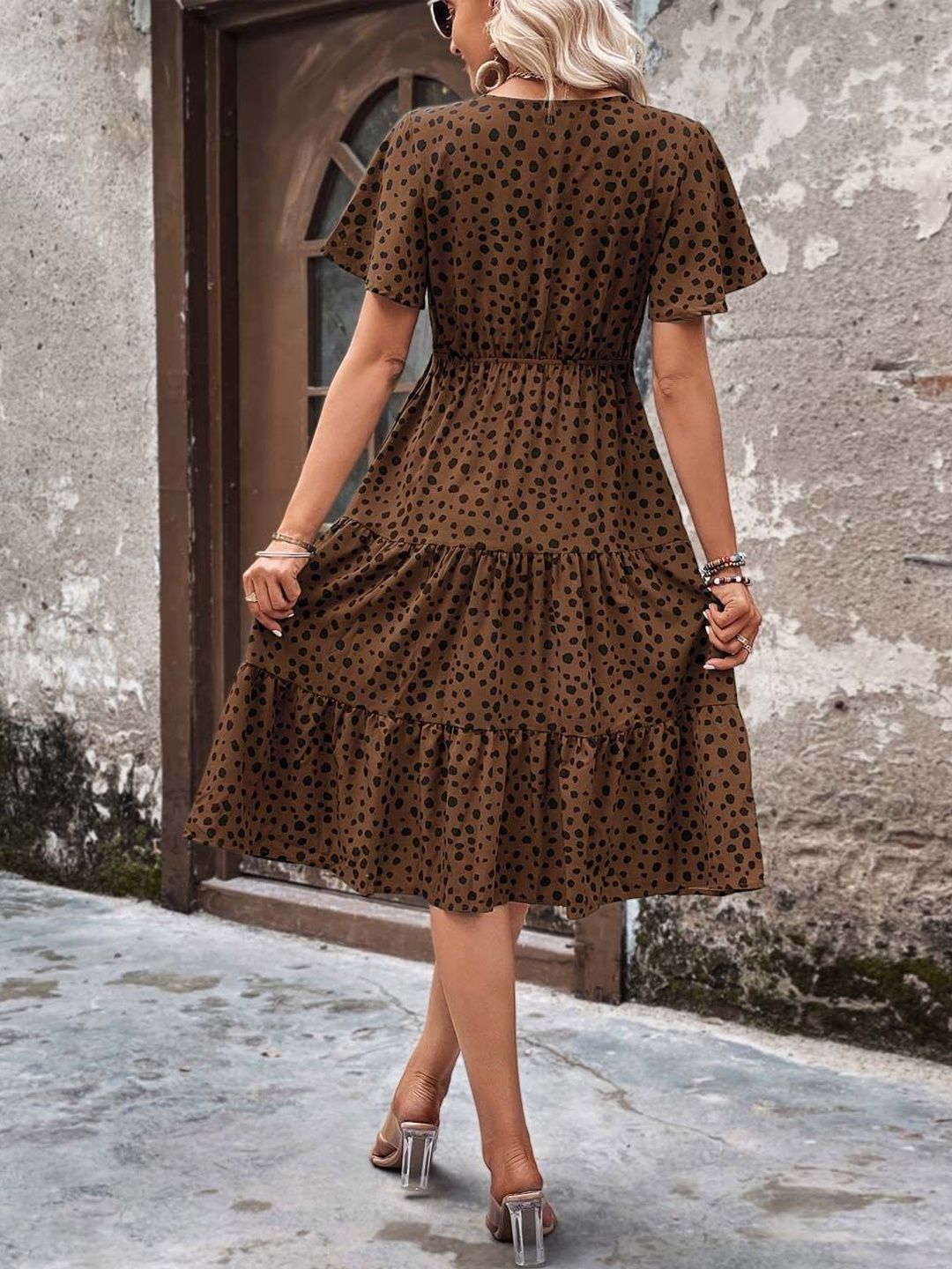 NOWI Polka Dot Printed Flared Sleeve A-Line Midi Dress