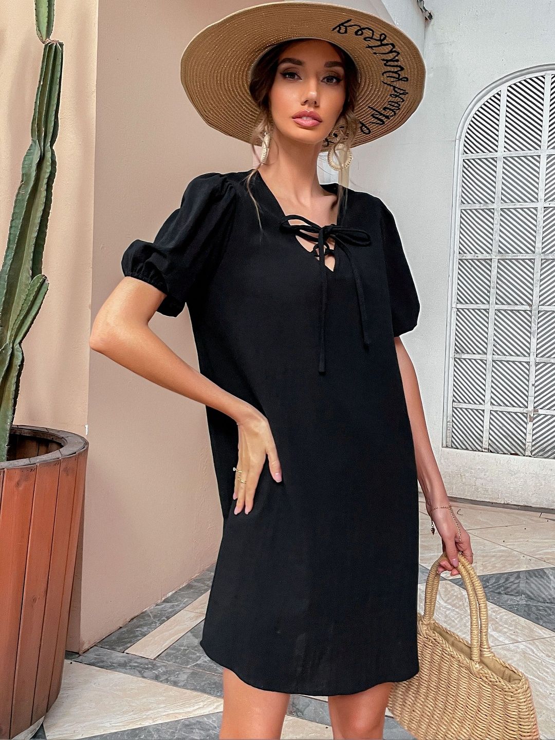 Puff Sleeve Dress in Black cotton Short Sleeve - Nowi Korean Fashion