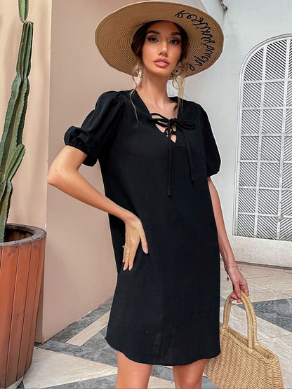 Puff Sleeve Dress in Black cotton Short Sleeve - Nowi Korean Fashion