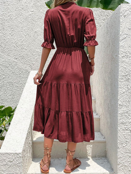 Tie-Up Neck Puff Sleeve Fit & Flare Midi Dress