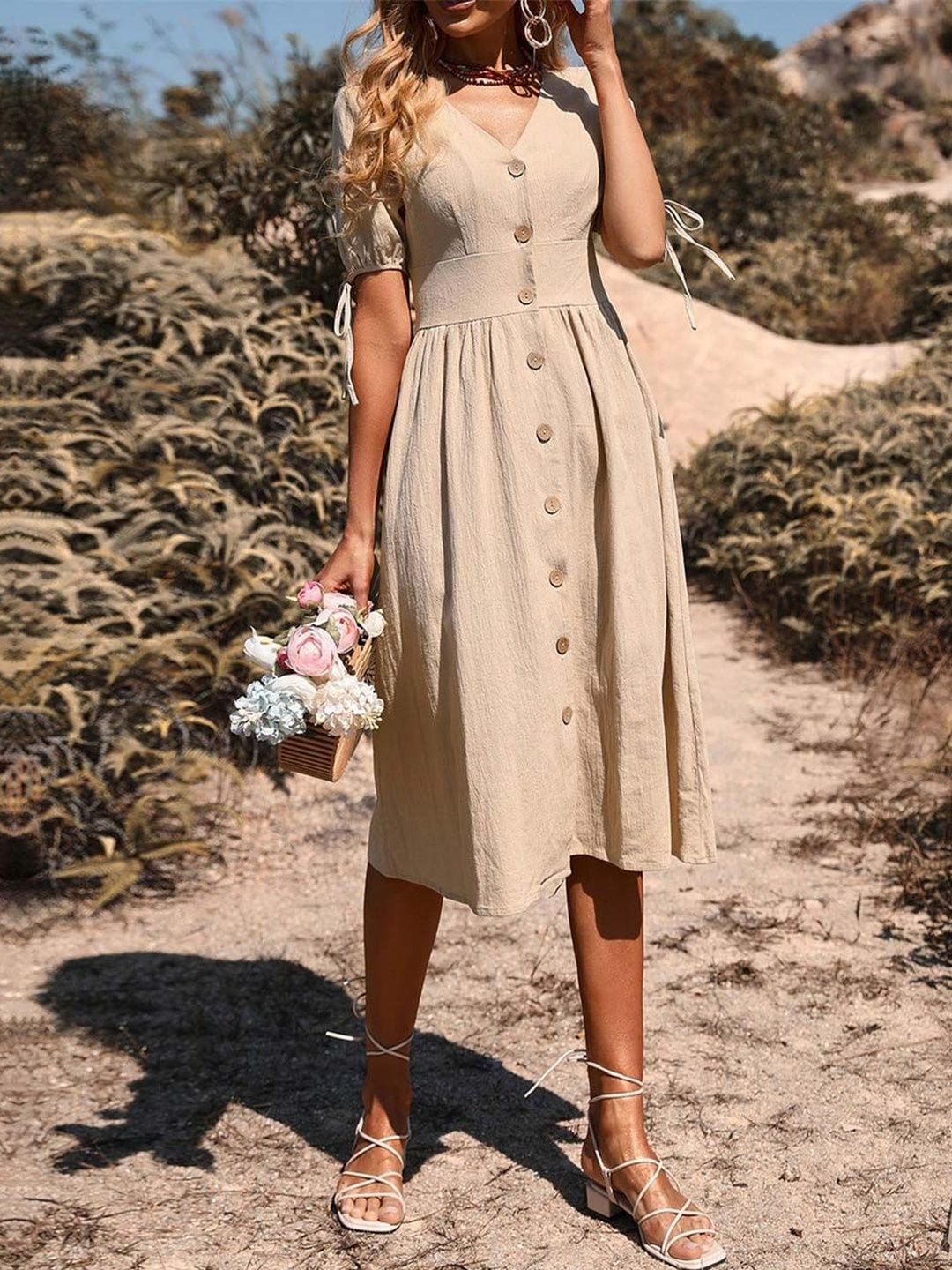 Solid Front Button A-Line Midi Dress in Beige polyester - Nowi Korean Fashion