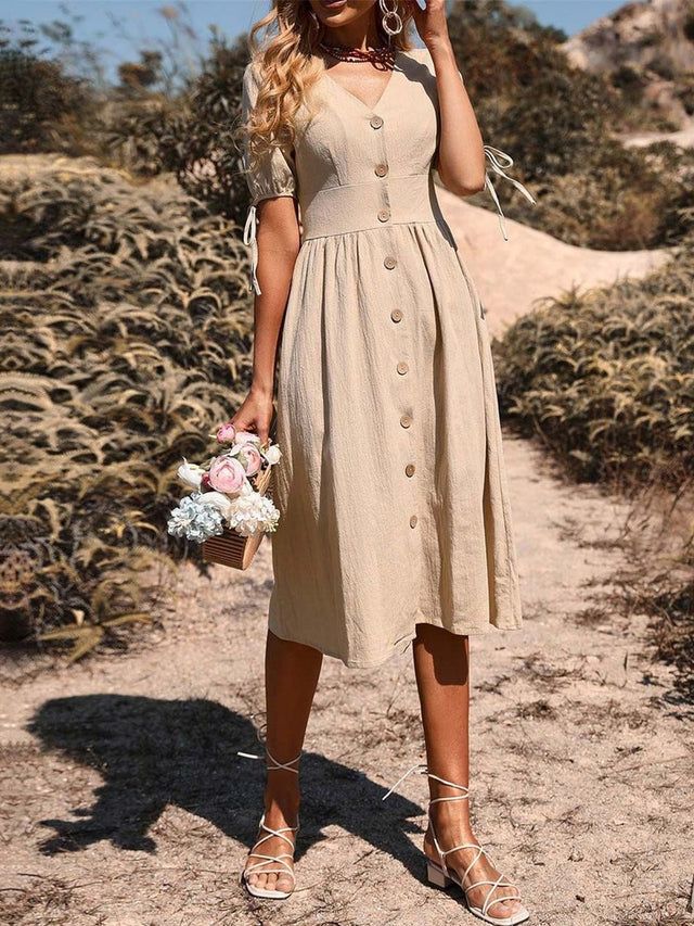 Solid Front Button A-Line Midi Dress in Beige polyester - Nowi Korean Fashion