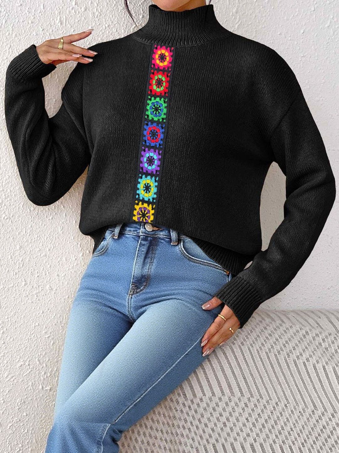 Women Colourblocked Pullover with Embroidered Detail