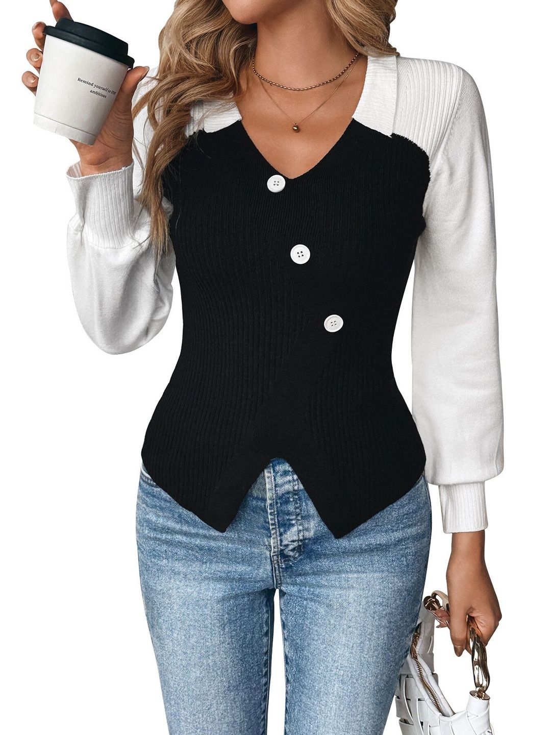 Colourblocked Pullover in Black Style 686 - Nowi Korean Fashion