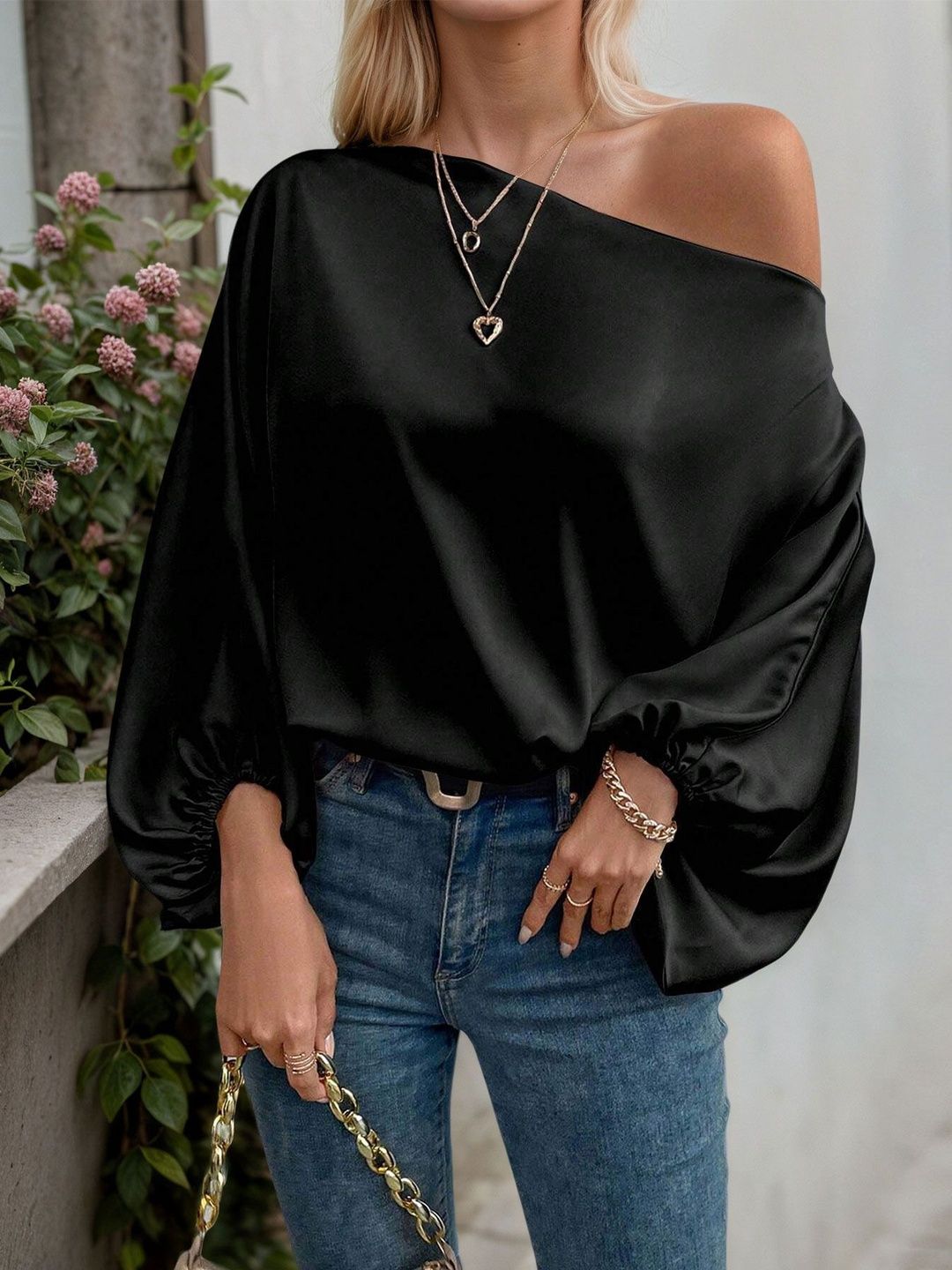 One Shoulder Bishop Sleeves Satin Top - Nowi Korean Fashion