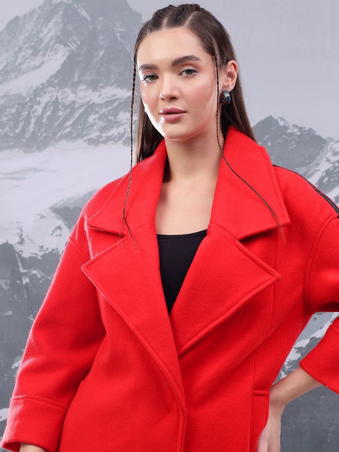 NOWI Solid Notched Lapel Double-Breasted Longline Cotton Casual Blazer