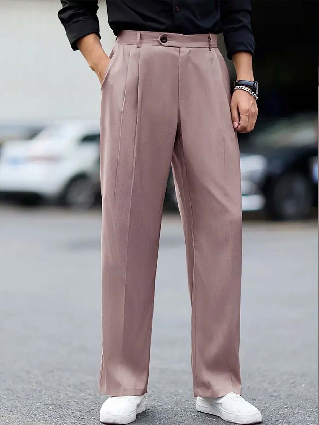 Men Pleated Trousers in pink, relaxed fit, solid pattern, ideal Korean pants for casual or smart occasions.