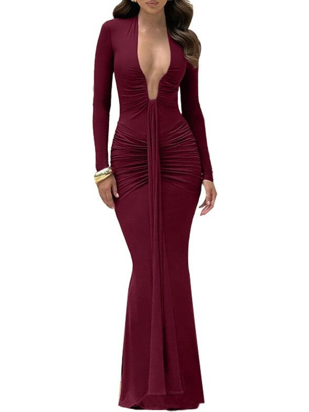 Bodycon Maxi Dress in Maroon cotton - Nowi Korean Fashion
