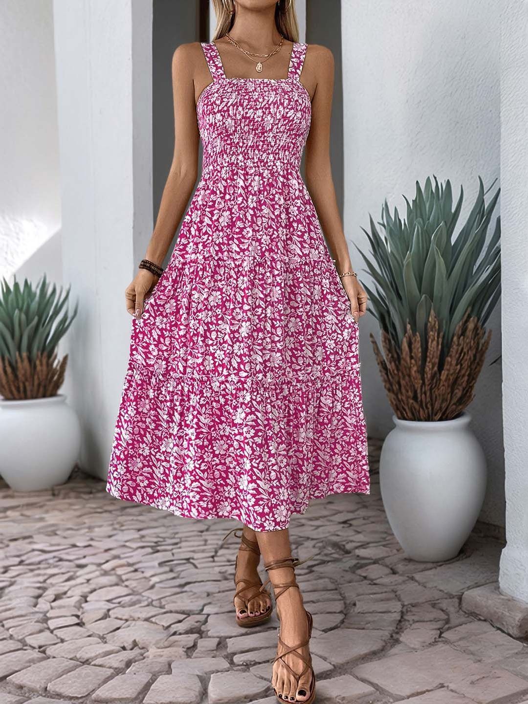 Floral Print A-Line Midi Dress in Pink - Nowi Korean Fashion
