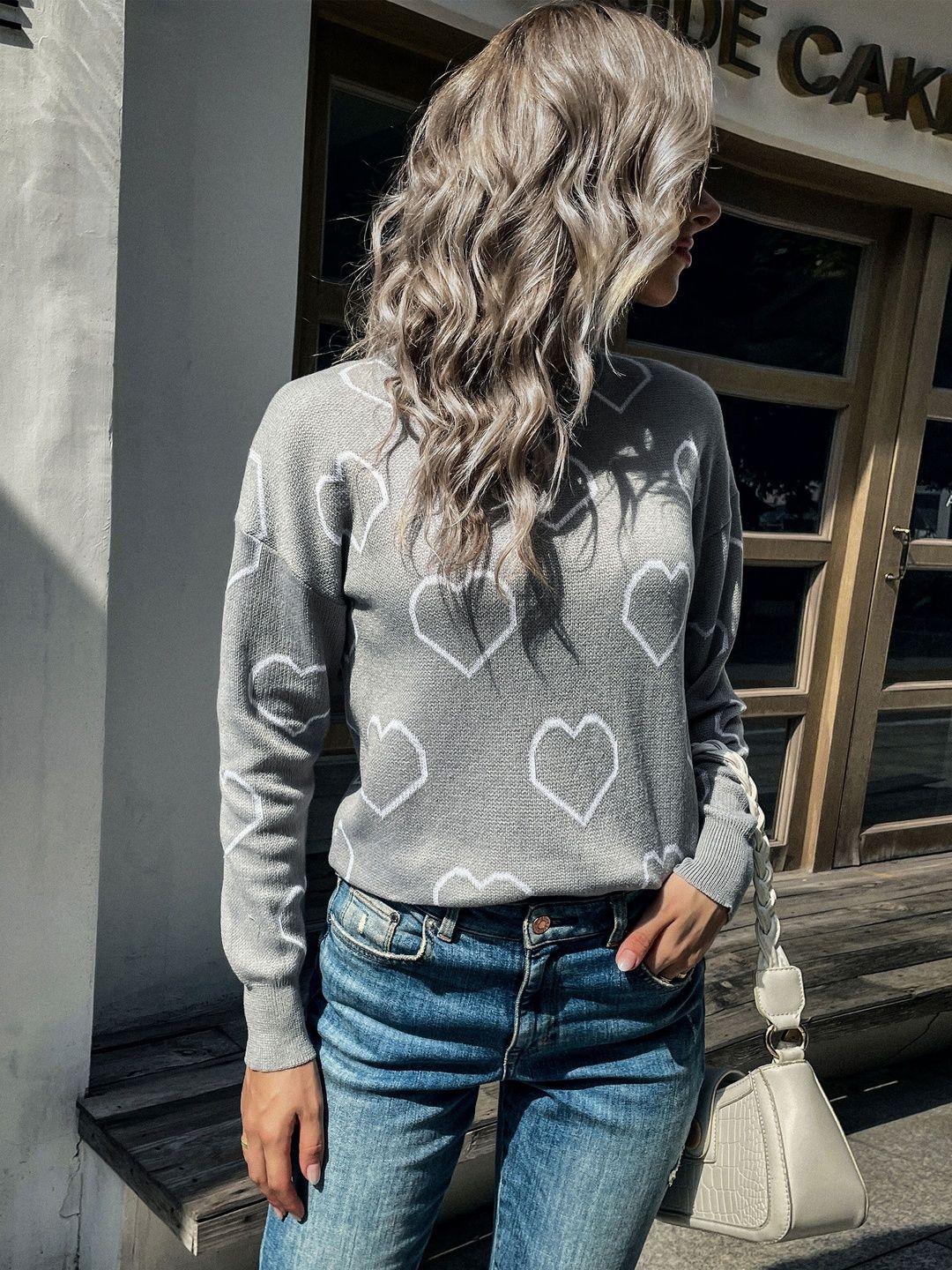 Women's Grey Printed Pullover Blend Regular Fit
