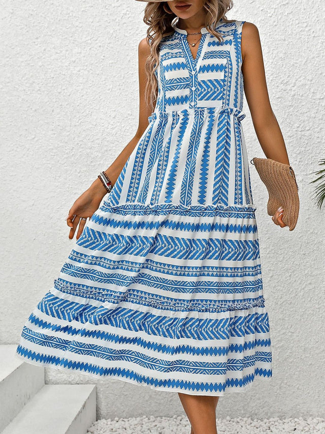 White Tribal Print Sleeveless Midi Dress cotton Printed - Nowi Korean Fashion